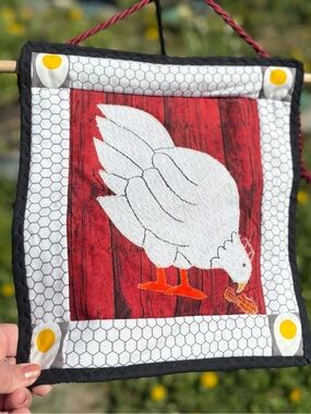 White Chicken Fiber Art Wall Hanging – Farmhouse Kitchen Accent
